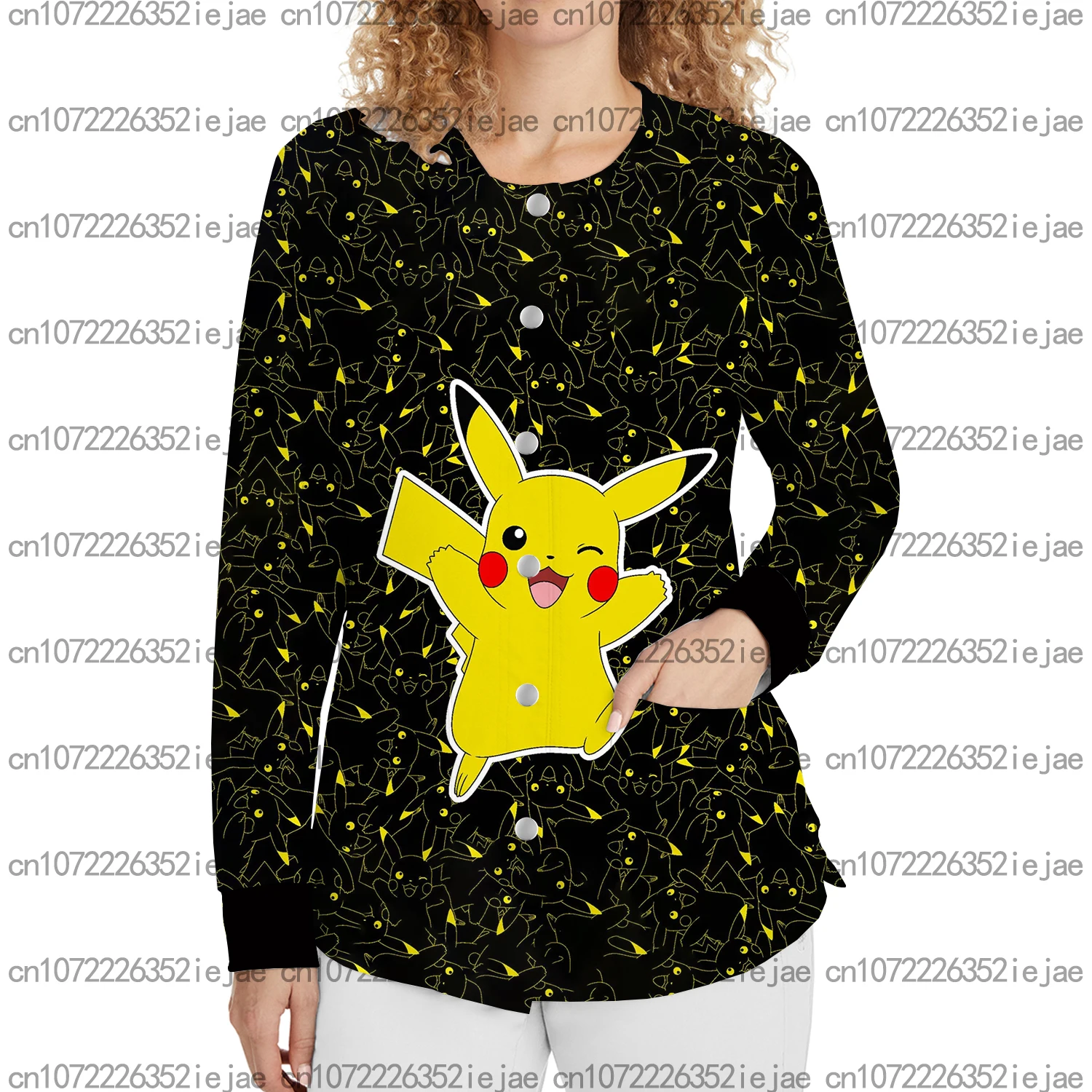 

Women's Warm Long Sleeve Scrub Jacket Surgical Clothing Series Printed Pokemon Anime Pikachu Nurse Care Beauty Salon Coat Top