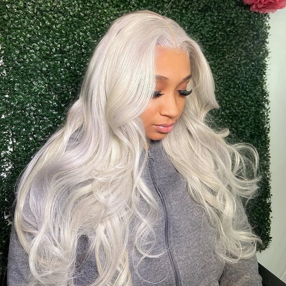 

Platinum Blonde Body Wave 13x4 Lace Frontal Human Hair Wig For Women 60# White Colored Peruvian Transparent Lace Wig Pre Plucked