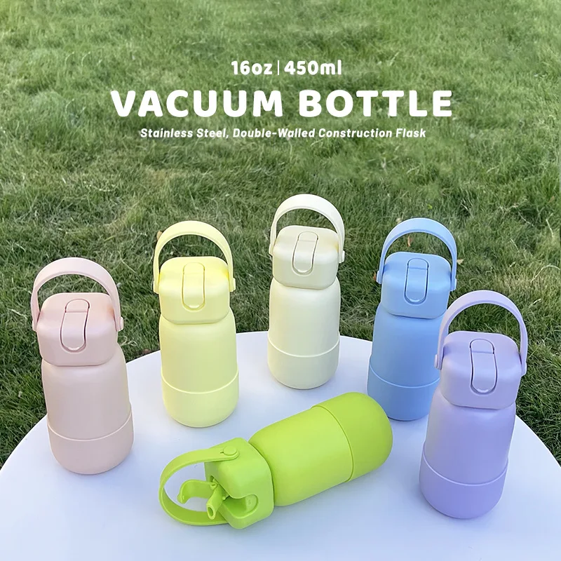 

450/740ml Stainless Steel Thermal Water Bottle With Handle,Straw,Silicone Base,Double-layer Vacuum Drinkware,Sports THERMOS CUP