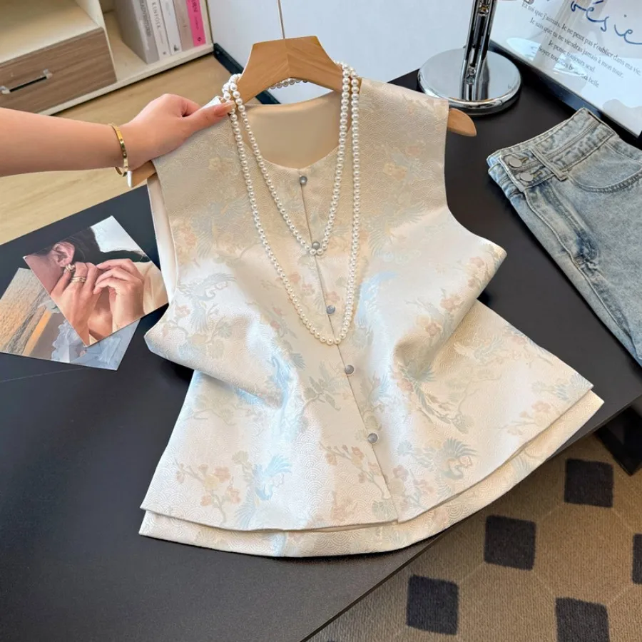 New Chinese Style Handmade Button Stand Collar High End Embroidered Satin Vest Top Outerwear Improved Traditional Design