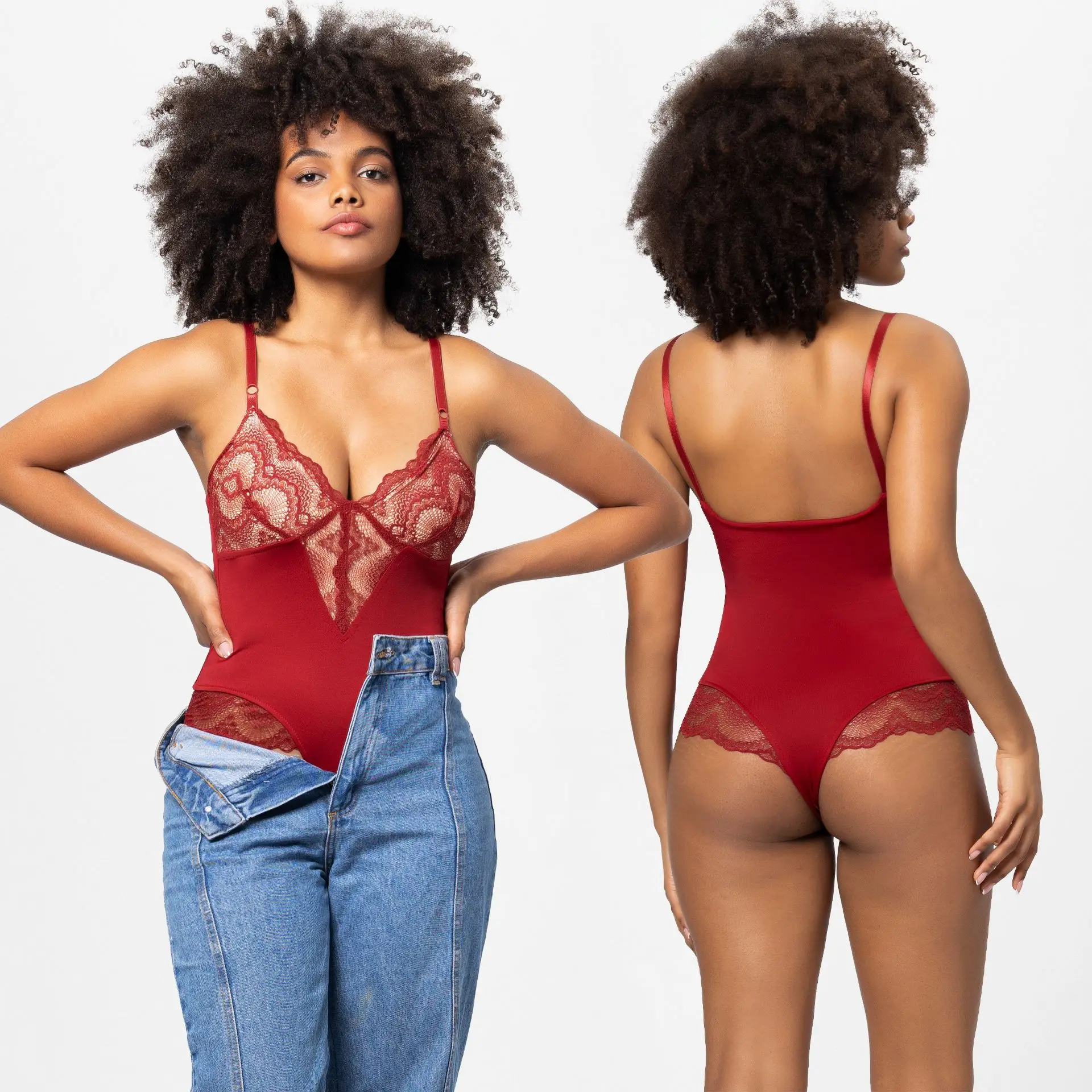 Macacão V profundo para mulheres, roupa interior sexy, costura de renda, tanga superior, plus size