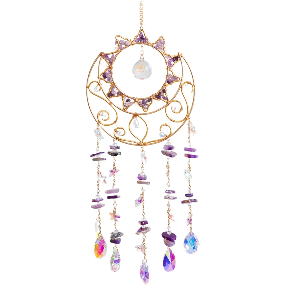 For crystal Infused Stone Wind Chime Handmade Sunlight Reflecting Hanging Decor for Living Room Bedroom 52x17cm Purple
