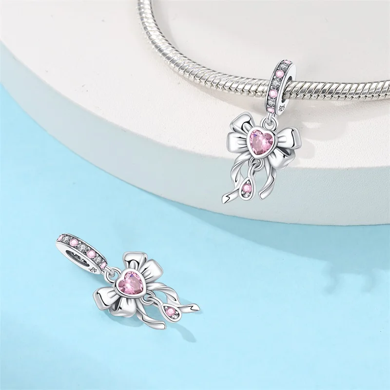 

Real 925 Silver Bow Charms Beads Pink Zircon Heart Pendants Charms Fit 3mm Original Bangle Bracelet DIY For Women Jewelry