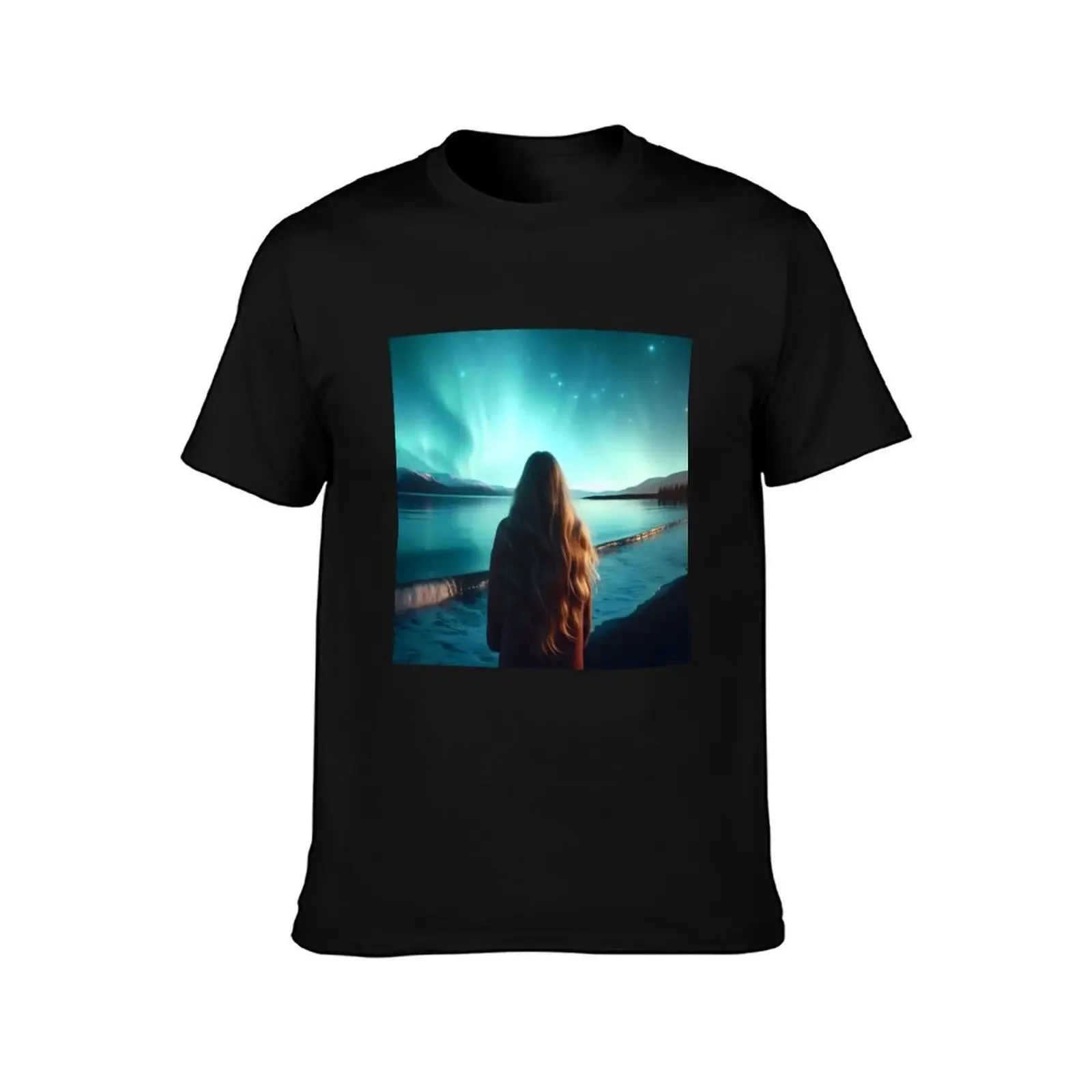 A woman stands by the lake in front of the northern lights T-Shirt quick-drying graphic tee shirt Men's t shirts