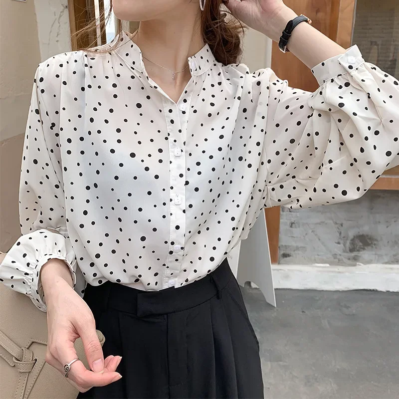 Dot Print Women\'s Blouses Long Sleeve Elegant Office Lady Chiffon Shirts Stand Collar Korea Style Top Casual Loose White Blusas