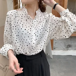 Dot Print Women's Blouses Long Sleeve Elegant Office Lady Chiffon Shirts Stand Collar Korea Style Top Casual Loose White Blusas