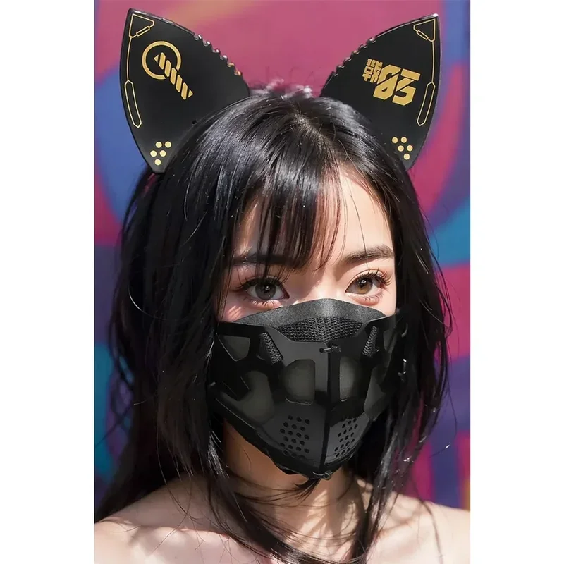 FC6Cyber-Punk Cosplay Mask Ear Props Scifi Machinery Helmet Face Mask Acrylic Anime Cat Ears Hairhoop Party For Women Men P@FC8！