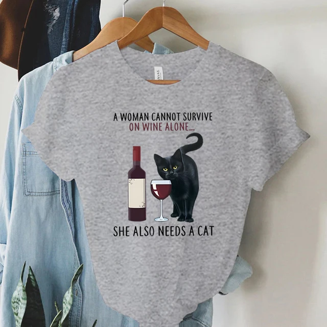 Trend moda damska odzież kot i wino graficzne t-shirty ubrania czarny nadruk kota koszula damska z krótkim rękawem Lady Casual Tee topy