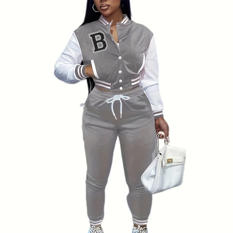 European and N Women\'s Monochrome Jackets Single-breasted Monogrammed Baseball Suits