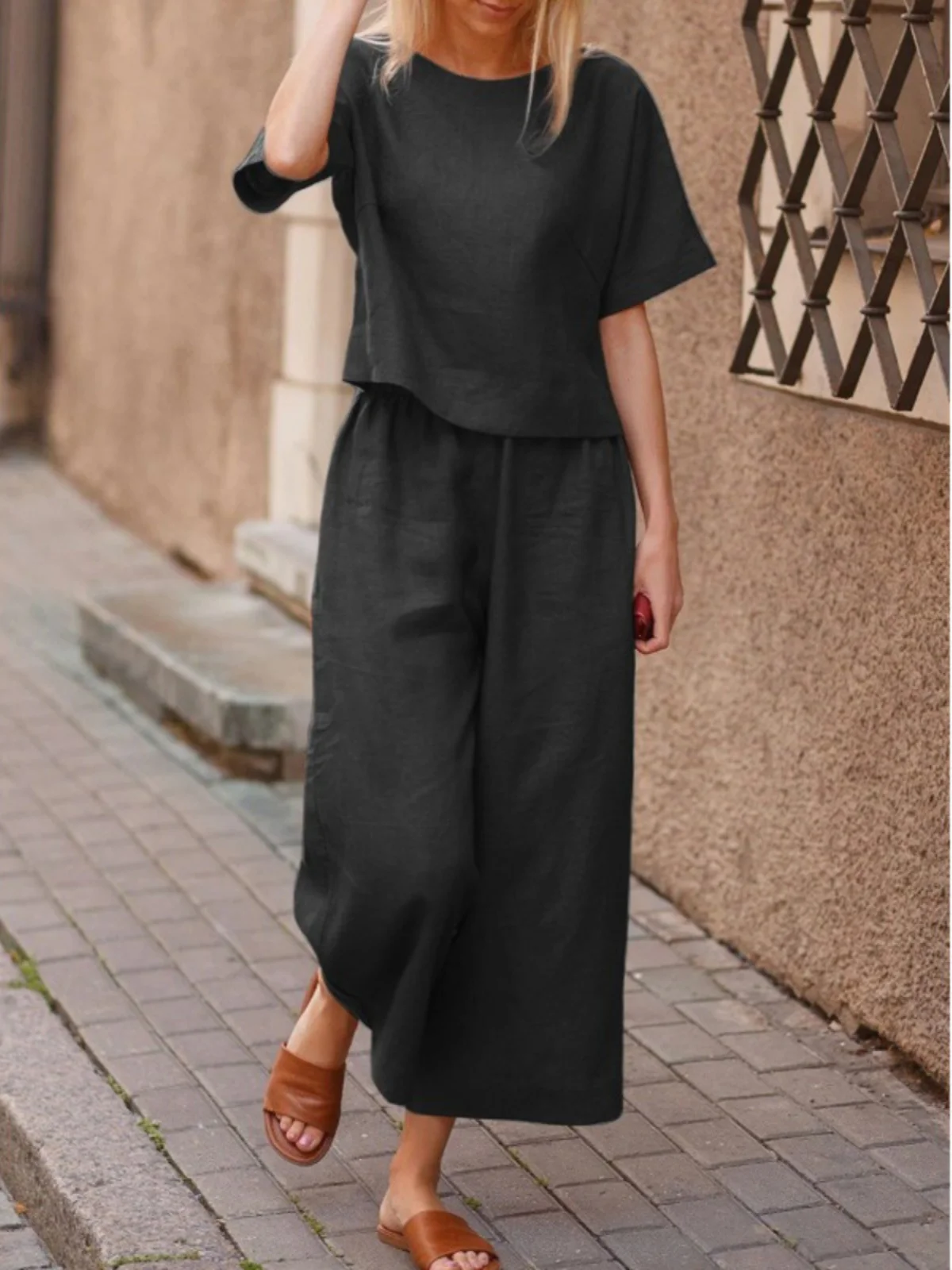 

Women's Cotton Linen Set ort Sve Wide Leg Pants Two Piece Suit Casual Faion Outfit Summer Collection 2023