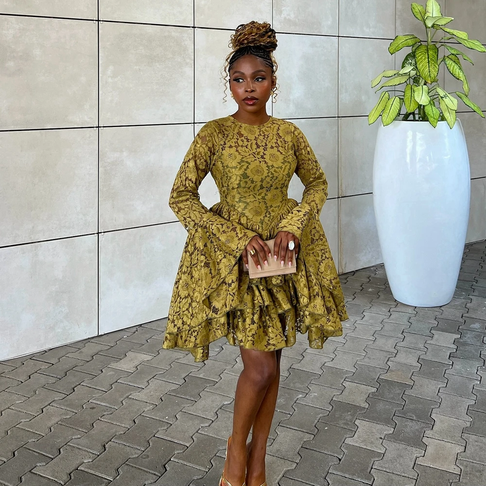 

Пышное кружевное коктейльное платье с оборками и расклешенными рукавами, африканское женское кружевное платье трапециевидной формы с аппликацией для выпускного вечера, свадебные вечерние платья