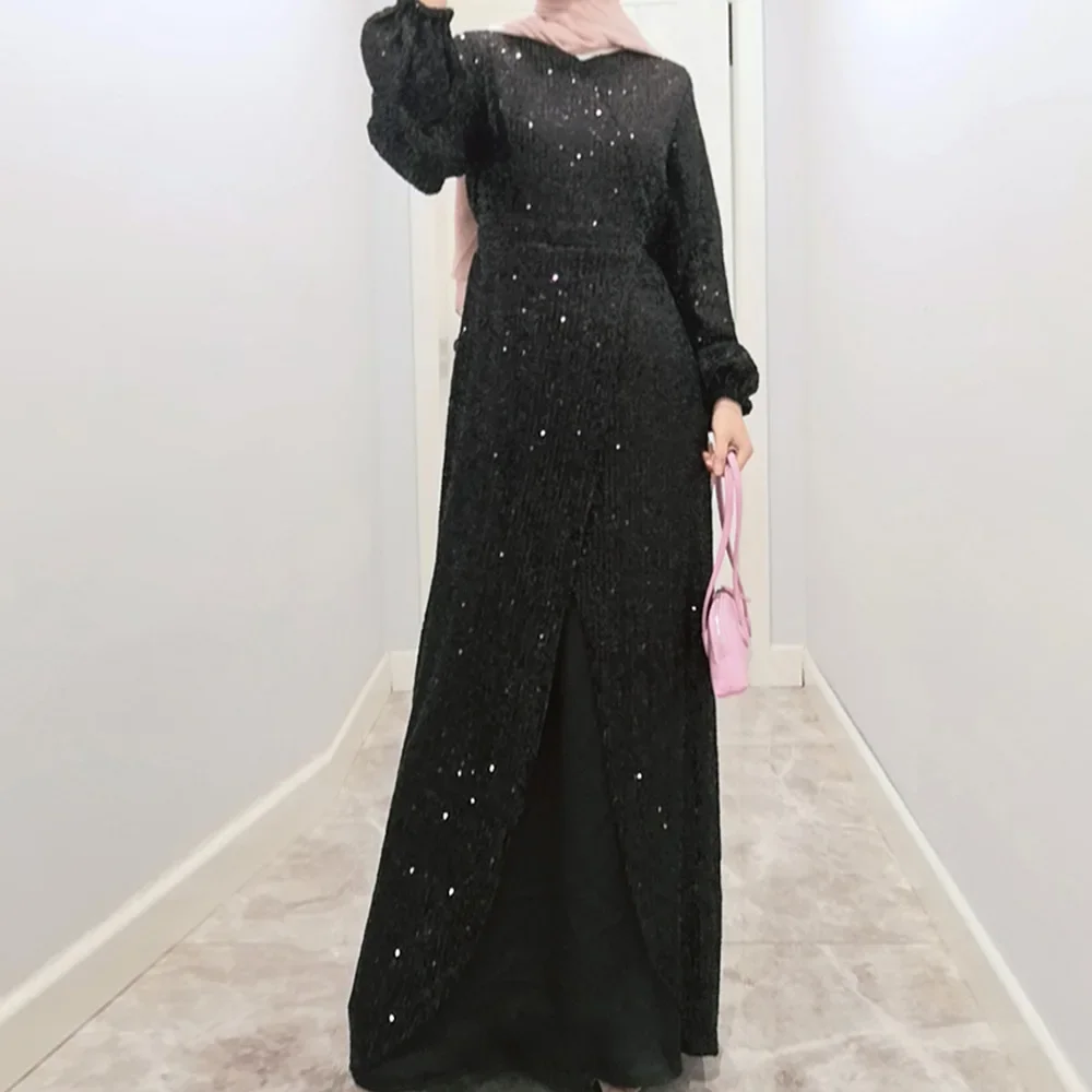 Plus Size Sequins Slim Evening Dress Formal Women Elegant Party Prom Gowns Muslim Long Sleeve Islamic Vestido Arabic Eid Ramadan