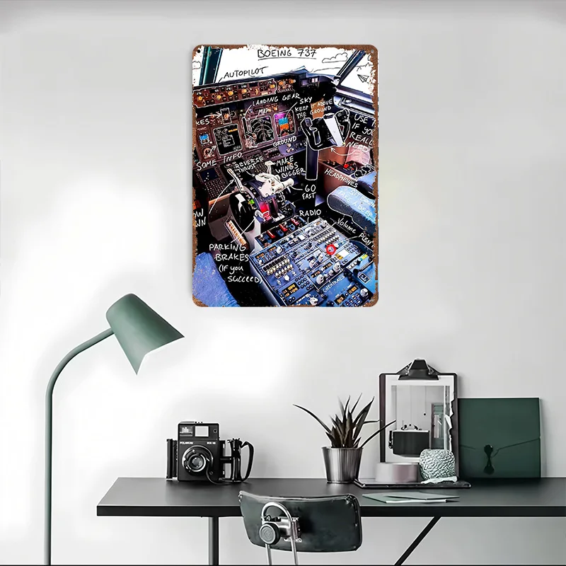 قمرة القيادة بوينغ 737 تين تسجيل الجدار ملصق فني الديكور ديكورات غرفة نوم خمر علامات معدنية الرجعية للديكور المنزل