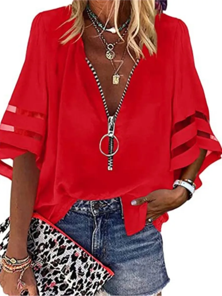 Summer New Solid Color Long-sleeved V-neck Zipper Women\'s Shirts Tops For Women Spring Fashion Elegant Casual Loose Tops Shirt