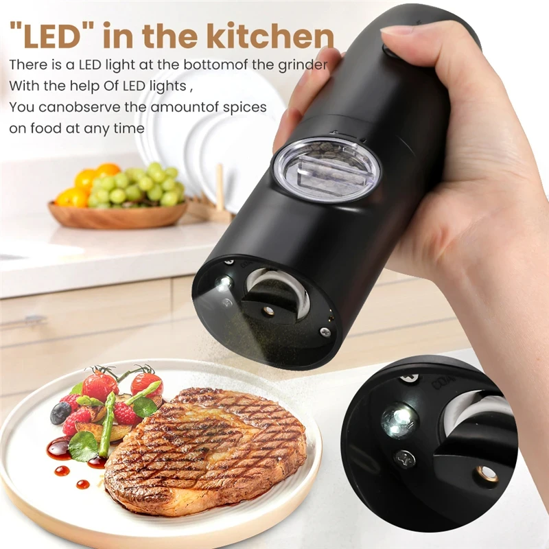 Automatic Pepper Grinder Salt and Pepper Grinder USB Rechargeable Adjustable Coarseness Spice Mill with LED Light Kitchen Tool