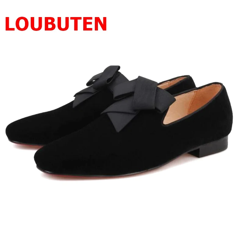 LOUBUTEN Luxury Black Velvet Shoes Men Bowtie Loafers Fashion Party And Banquet Shoes Male Slip On Casual Shoes