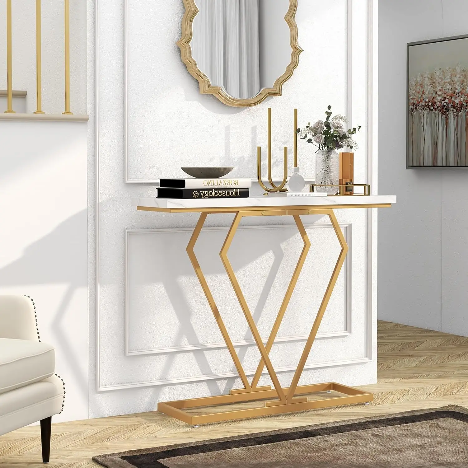 Comfort corner Gold Console Table, Faux Marble Narrow Entryway Table with Diamond Shape Geometric Frame, Long Couch Table