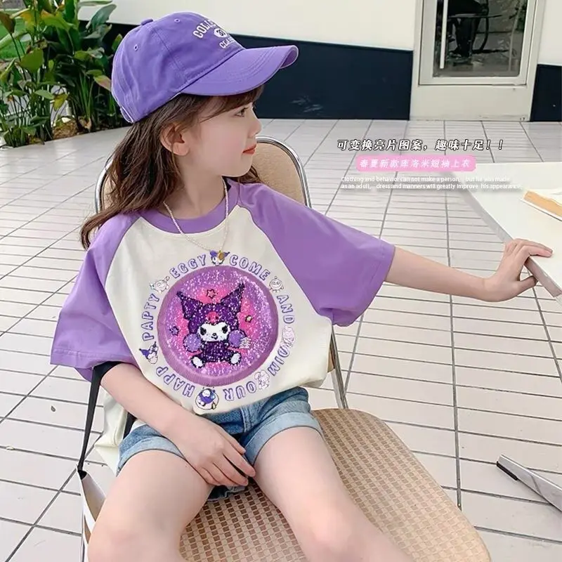 Kawai Anime Sanrios Kuromi Cartoon Cinnamoroll Kinderen Katoenen T-Shirt Losse Veelzijdige Tops Casual Zomer Kinderkleding