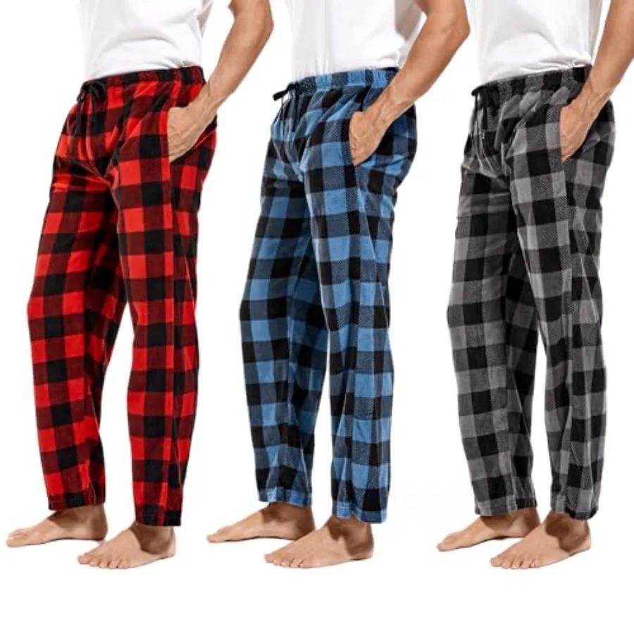 1Pack or 3Pack Mens PJ Pajama Pants Bottoms Fleece Lounge Pants Sleepwear Plaid PJs with Pockets Microfleece