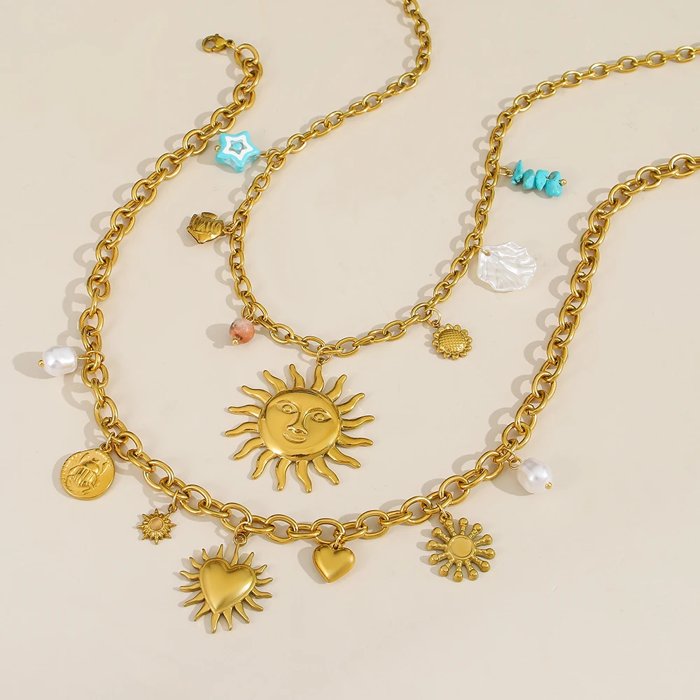 

Freetry Retro Stainless Steel Sun Love Heart Pendant Necklace for Women New Waterproof Gold Color Layered Clavicle Chain Choker