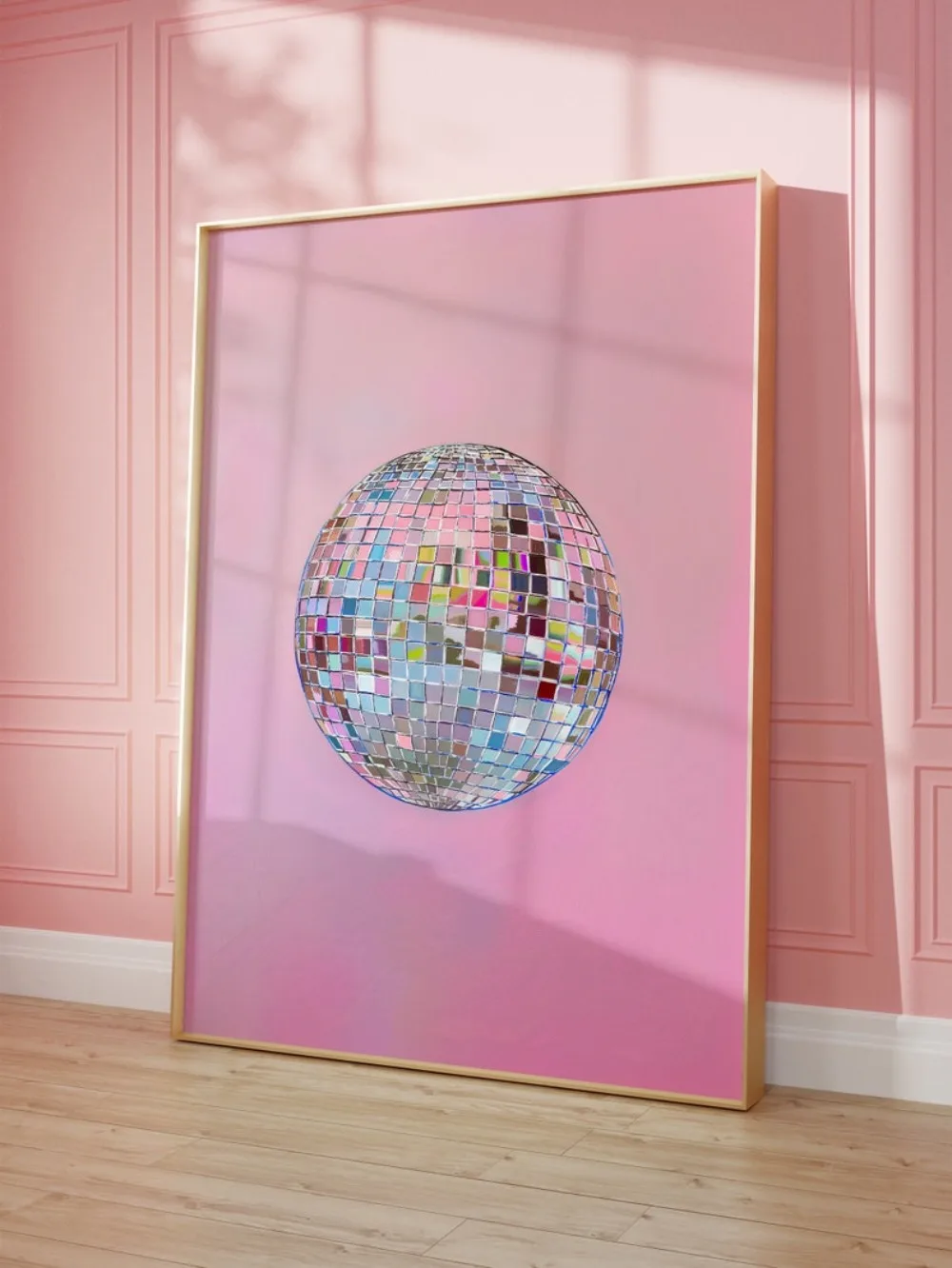 Silver Disco Ball Minimalist Canvas Painting,Bright and Soft Pink Girl Poster,Wall Decoration,Mirror Ball Printing Frameless