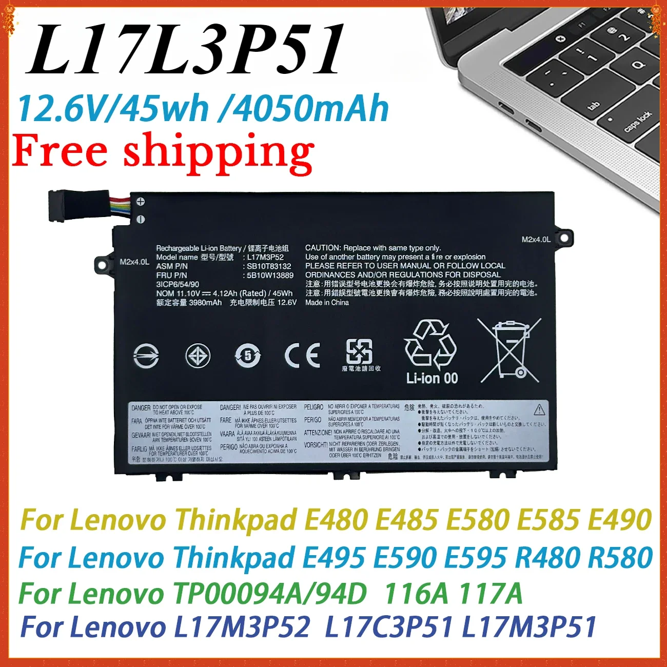 

NEW L17L3P51 New Laptop battery for Lenovo Thinkpad E480 E490 L17C3P51 L17M3P51 L17M3P52 01AV445 01AV447 01AV448 E41-50