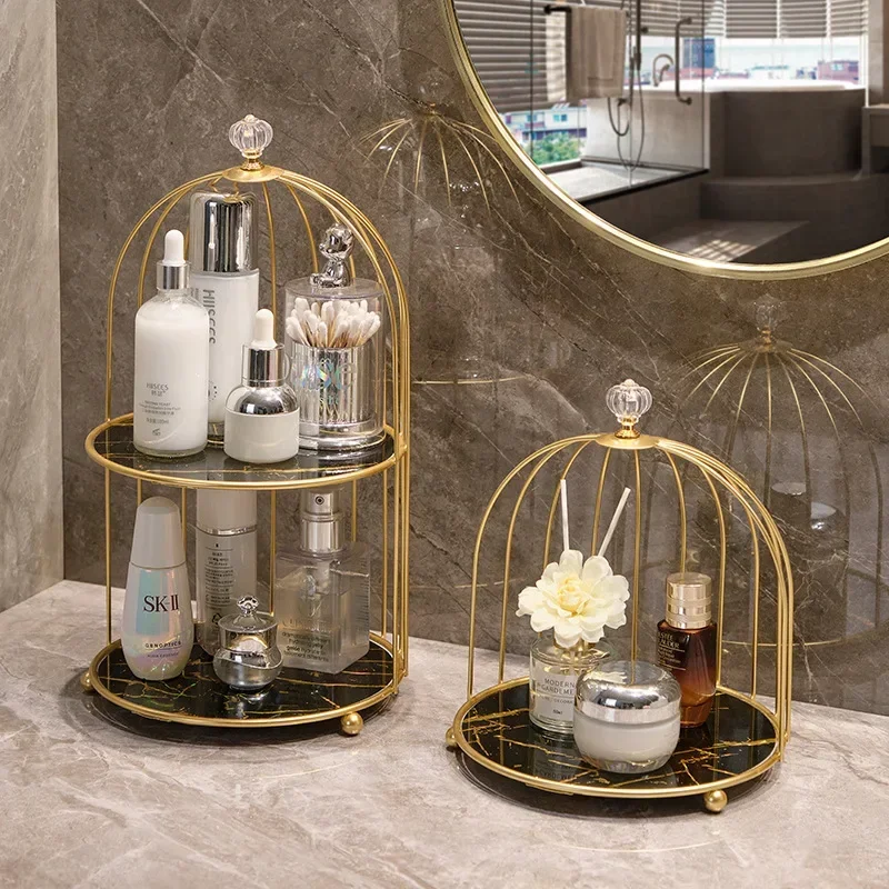 Bathroom Shelf Accessories Gift Metal Bird Cage Cosmetic Storage Organizer Lipstick Perfume Skin Care Products Finishing Rack