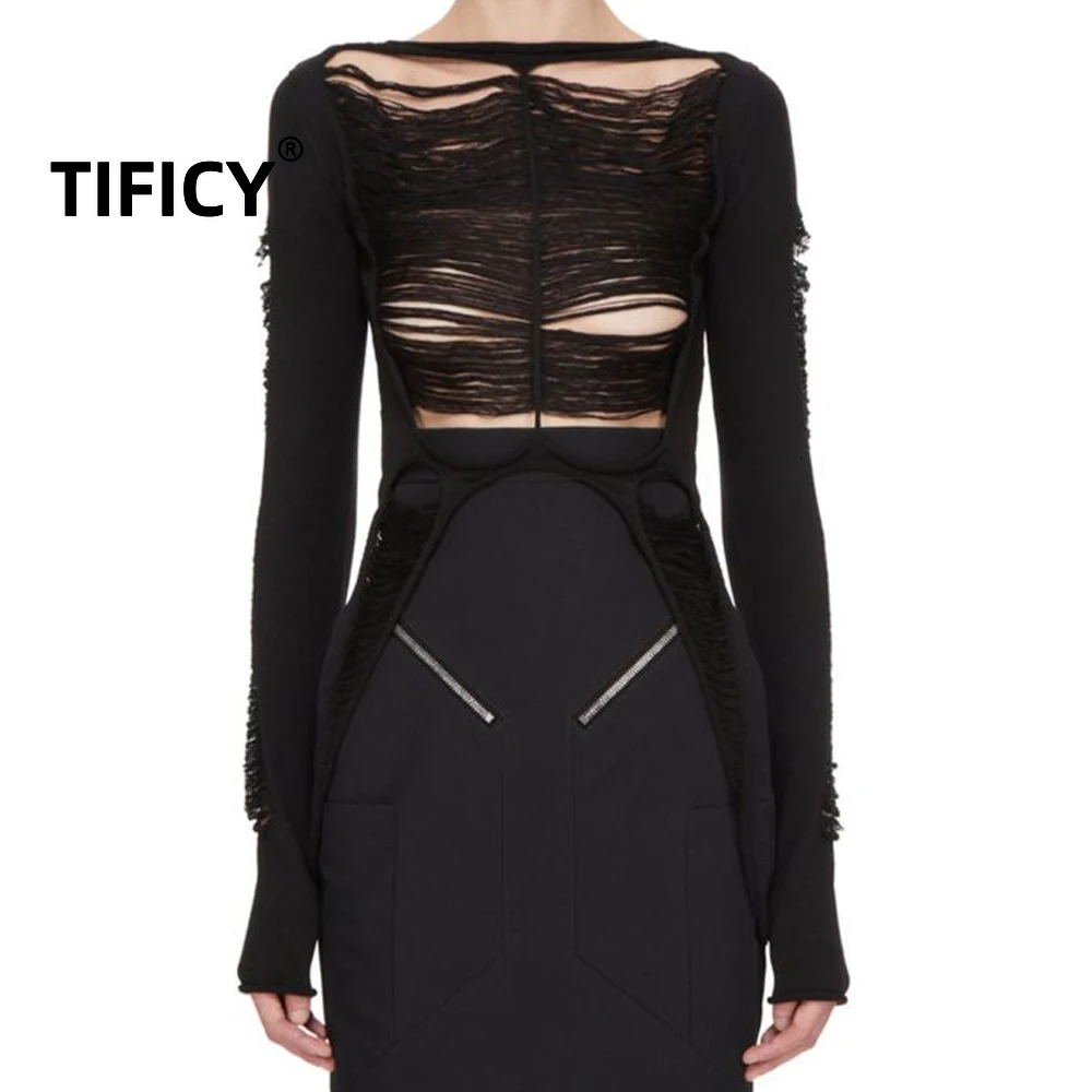 

High Street Dark RO Wind Tassel Hollowed Out Knitted Sweater Women Designed with A See Through Long Sleeved Jumpers Top