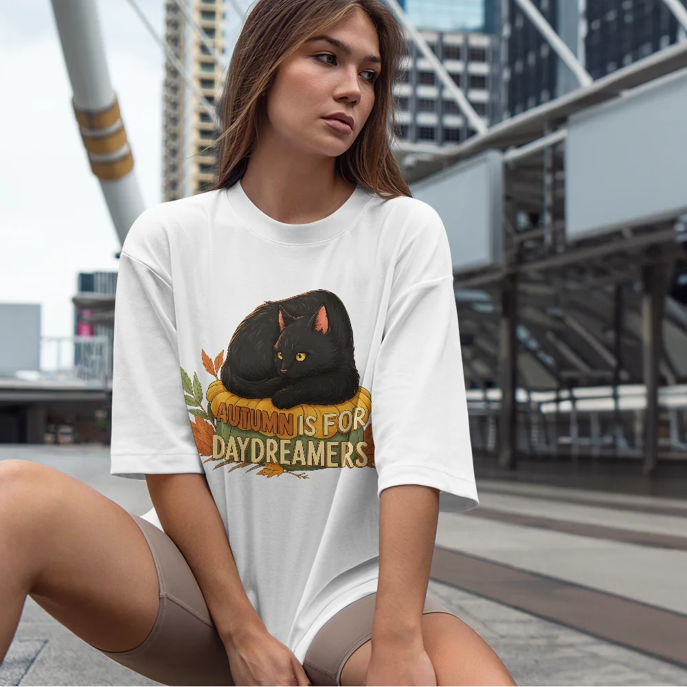 

Удобная женская футболка с принтом — осенняя футболка Dreamer с удобным рисунком кота и тыквы Женская футболка Топ