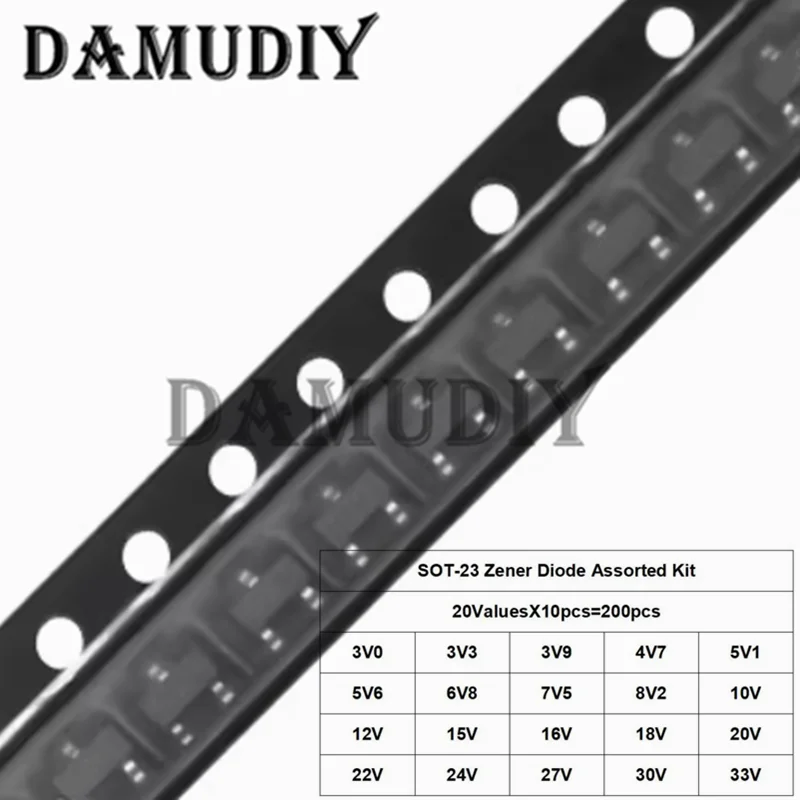 200pcs/Lot SMD SOT-23 Zener Diode Assorted Kit SOT23 3V - 33V 20Values Each 10pcs DIY Samples Set