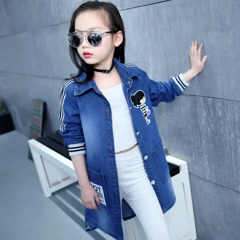 Spring Clothing Jeans Coat for Girls Denim Jackets Cartoon Children Outerwear Kid Active Autumn Clothes Teenager Long Trench Top