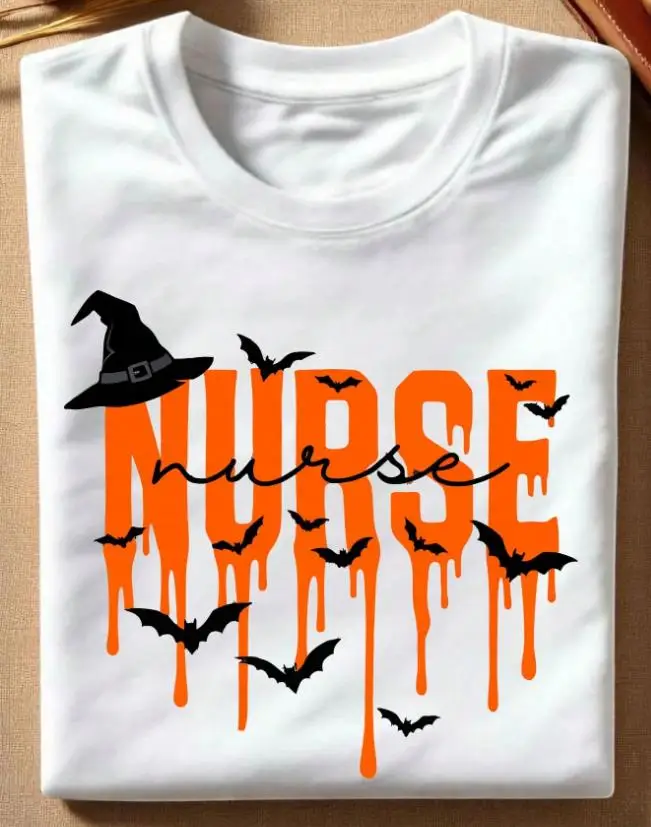 Halloween Spooky Nurse T-Shirt Women Witch Hat Dripping Graphic Tees Registered Nurse Life Casual Summer Tops Clothing