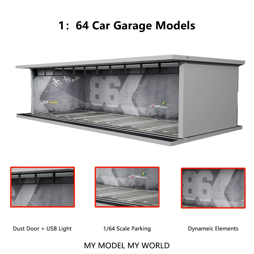 더 많은 예술 1/64 모델 주차 공간 로트 디오라마 자동차 주차 공간 조명 시뮬레이션 장식 장면
