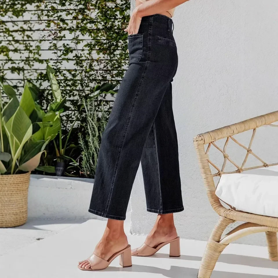 جينز فور سيزونز جديد عصري ومزاجي عالي الخصر مقاس 9 بوصة. تصميم بإبزيم جينز مغسول بأرجل مستقيمة للنساء