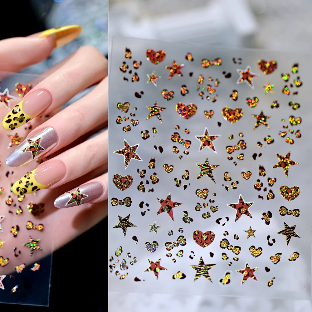 5D y2k-luipaardprint ster hart nail art stickers met glitter zelfklevende stickers schattige koe print herfst winter nagelbenodigdheden