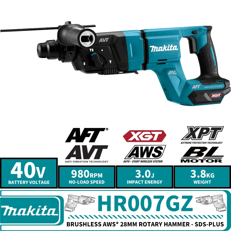 Makita HR007GZ XGT Brushless Cordless AWS*28mm Rotary Hammer-SDS-Plus 40V Lithium Power Tools 980RPM 5000IPM 3J DX15