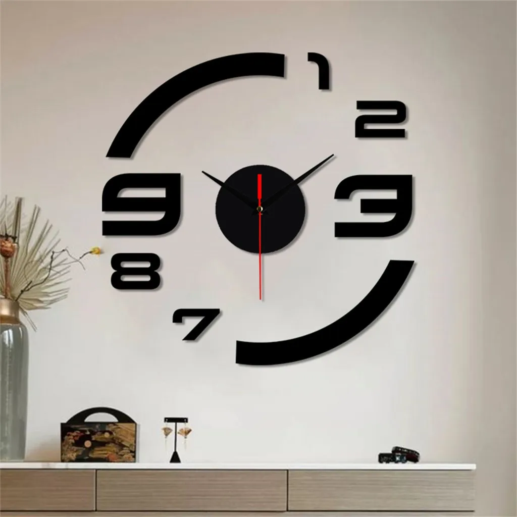 Diy Creative Wall Clock Modern 3d Dimension Mirror Art Wall Clock Arabic Numerals Wall Sticker Clock Home Room Decoration Black