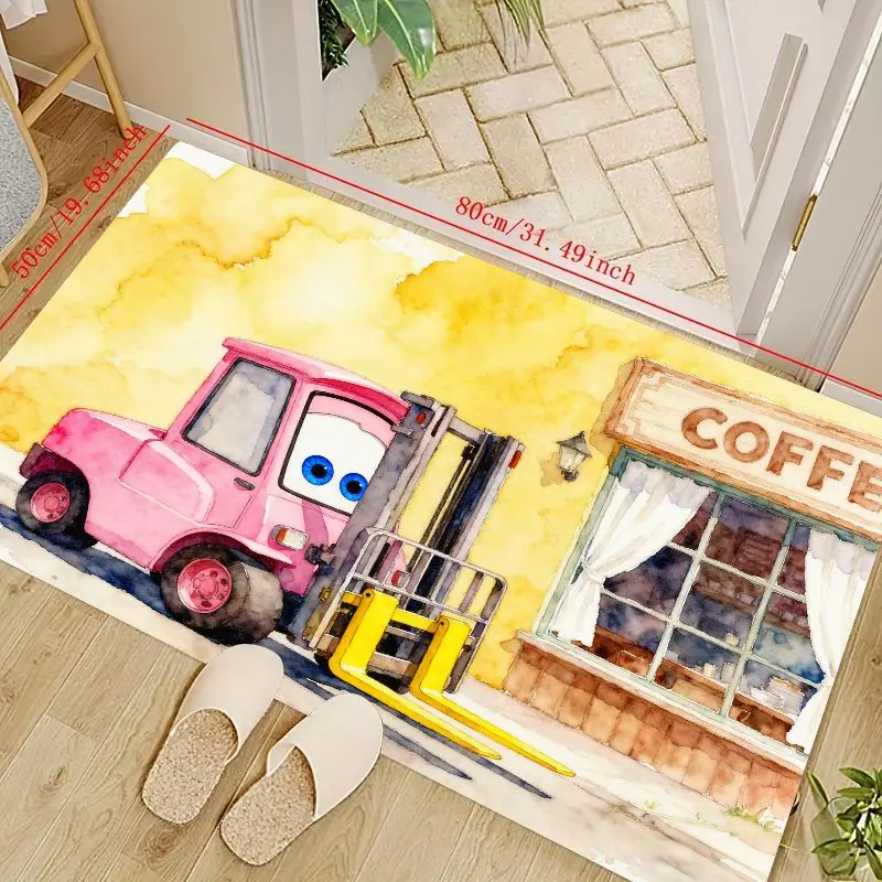 

1 шт. Kawaii розовый напольный коврик для вилочного погрузчика, милый мультяшный автомобильный акварельный художественный коврик с большими синими глазами и кофейной, уличная сцена,