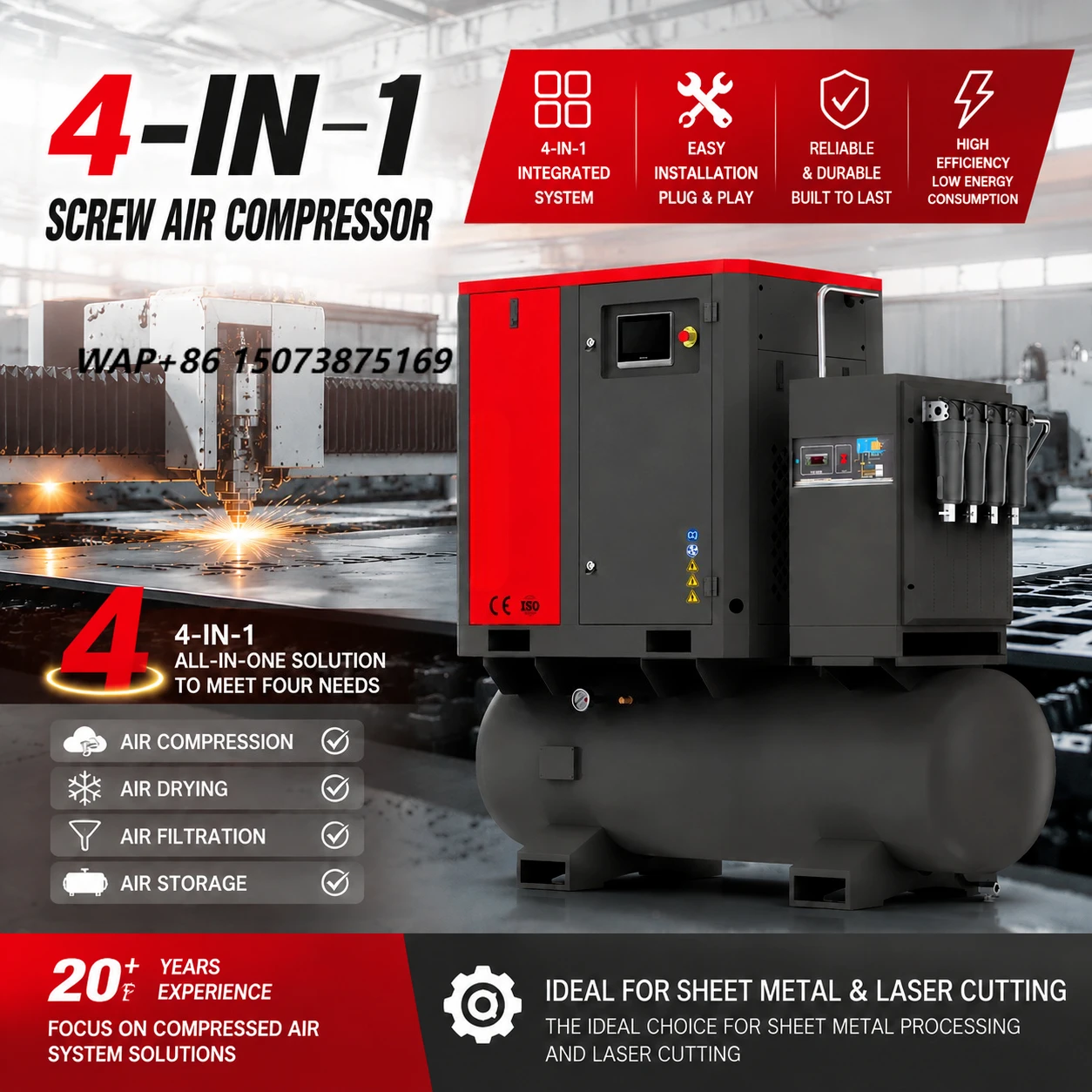 OPPAIR Rotary 7.5kw 10hp Screw Air Compressor With Tank for  Cutting Machine 125psi Customized Industrial  Air Compressor