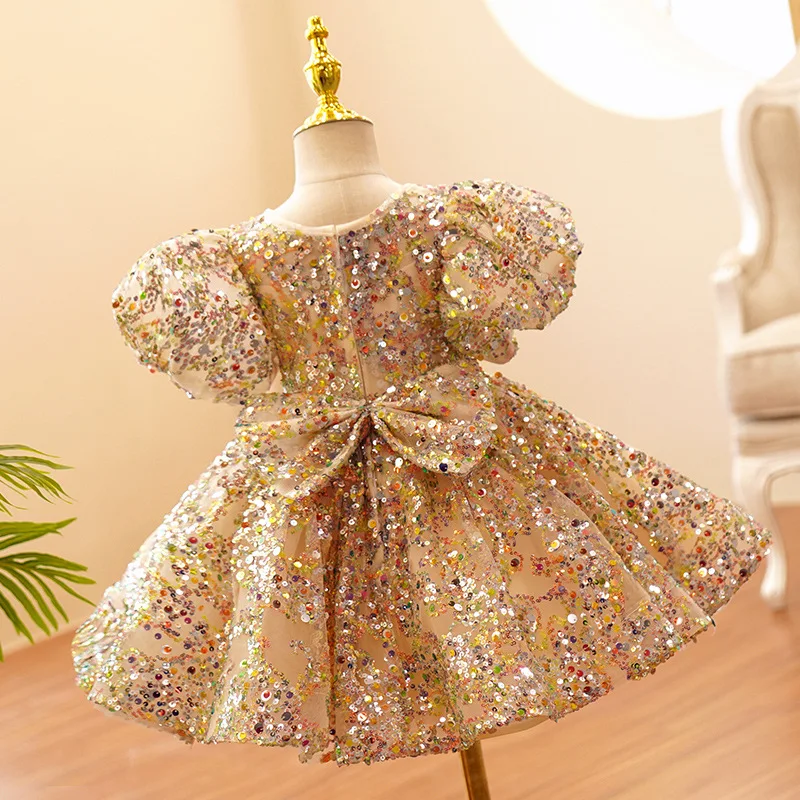 Child Girls Evening Dresses Champagne Gold Luxury 2023 Birthday Party Gown Sequin Pageant Formal Dress Teen Wedding Prom Frock