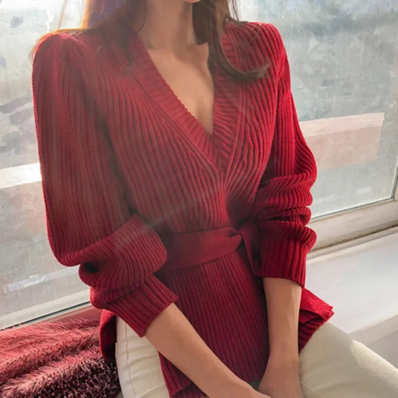 2023 Autumn and Winter New Lace Knitted Sweater Ladies Solid Color Fashion Long-sleeved Split Sweater Women Pullover Women