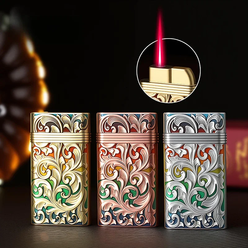 

Portable Retro Metal Relief Butane Gas Lighter Windproof Red Flame Inflatable Lighter Smoking Accessories High End Men's Gift