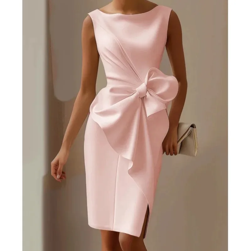 Vestidos por debajo de la rodilla calados sin mangas para mujer, vestido Sexy elegante con cuello redondo en la cintura, vestido envuelto con lazo, vestido de fiesta de oficina, Vestidos nuevos