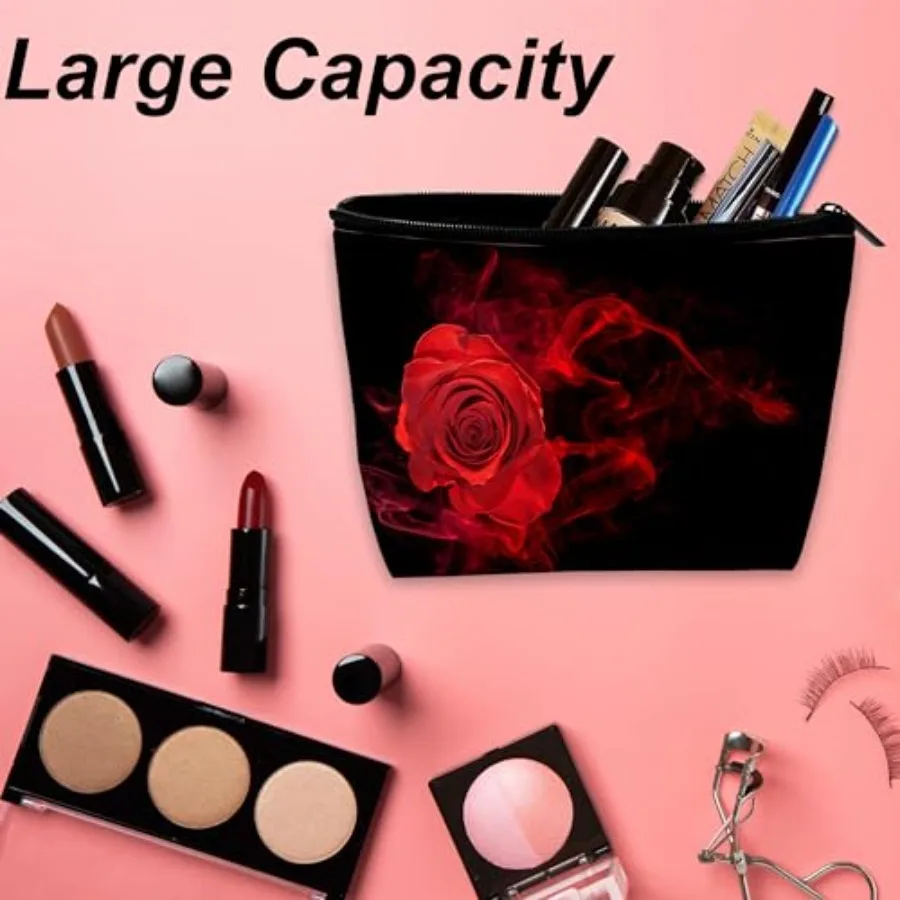 Makeup Bag for Purse, Waterproof Funny Abstract Red Cosmetic Bag for Women, Zipper Travel Toiletry Pouch with Black Leaves Gift