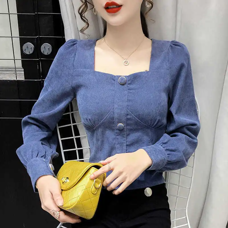 Corduroy Long Sleeve Shirts Women Spring Fall Square Collar Solid Color Buttons-up Pleated Slim-fit Casual Tops Hollow Out Soft