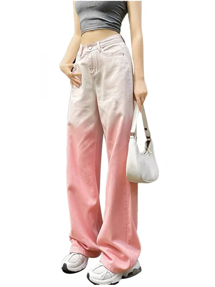 Harajuku Aesthetic  Pink Jeans Women's 2024 Summer New Dopamine Wearing Loose StraightHigh Street Instagram Style Wide Leg Pants