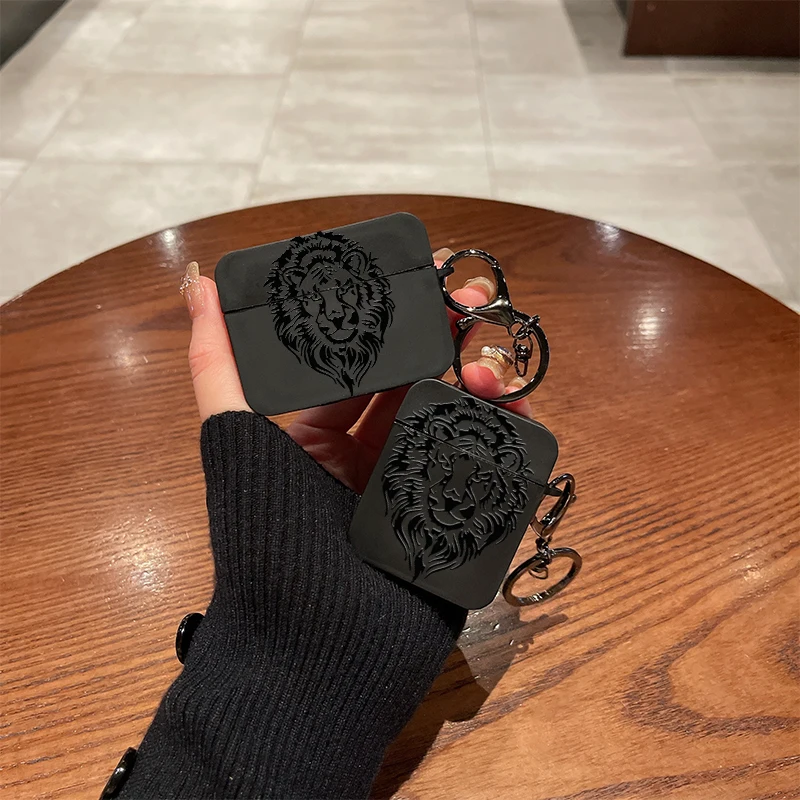 Lion Pattern Simple Black Silicone Case For Airpods Pro2 Airpods4 3 2 1 Wireless Bluetooth Earphone Protective Soft Cover