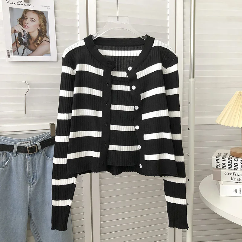 Women\'s Striped Knitting Cardigan Single Breasted Long Sleeved Sweater+Spaghetti Straps Vest Spring Autumn Korean Top 2pcs