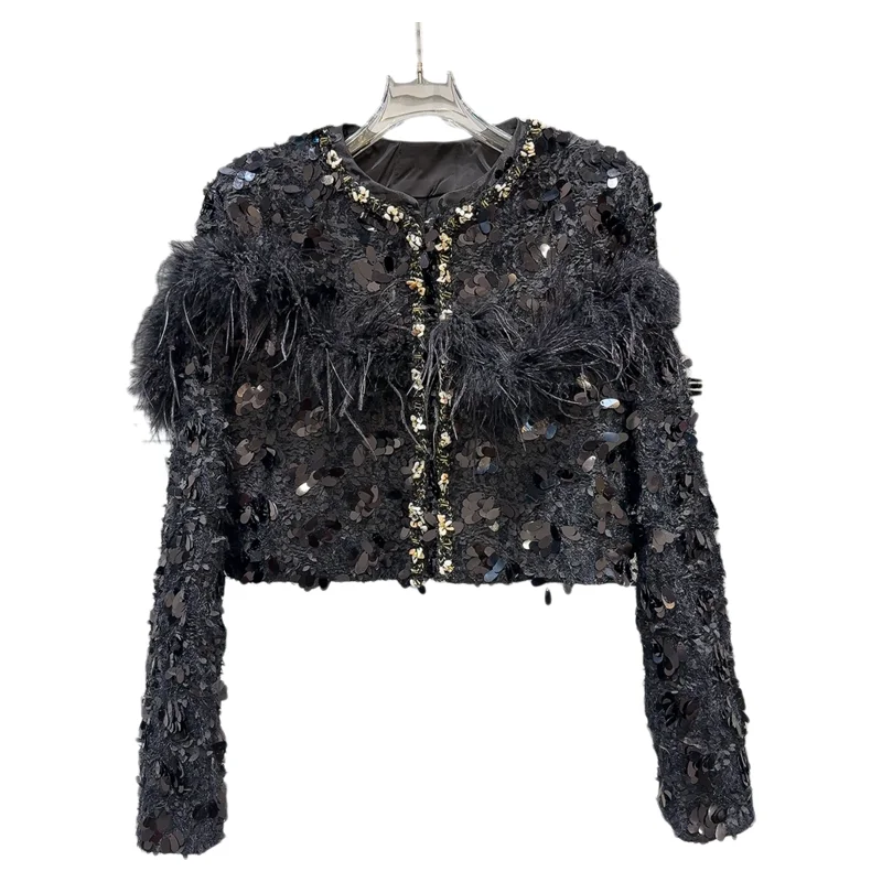 2024年冬新作ファションオートウェア綿ウール混紡パール装飾フェザー装飾レディライクストレートカットコート