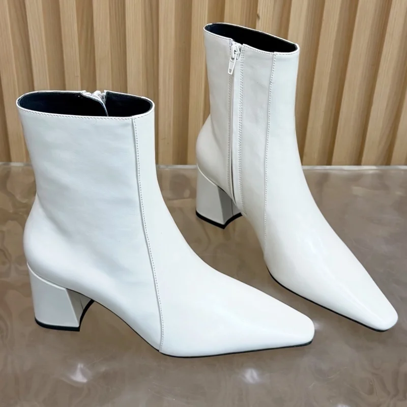 

Шитье кожаных однотонных сапог до середины икры, пикантные ботинки с квадратным носком и молнией на квадратном каблуке, новые поступления, модные женские современные ботинки